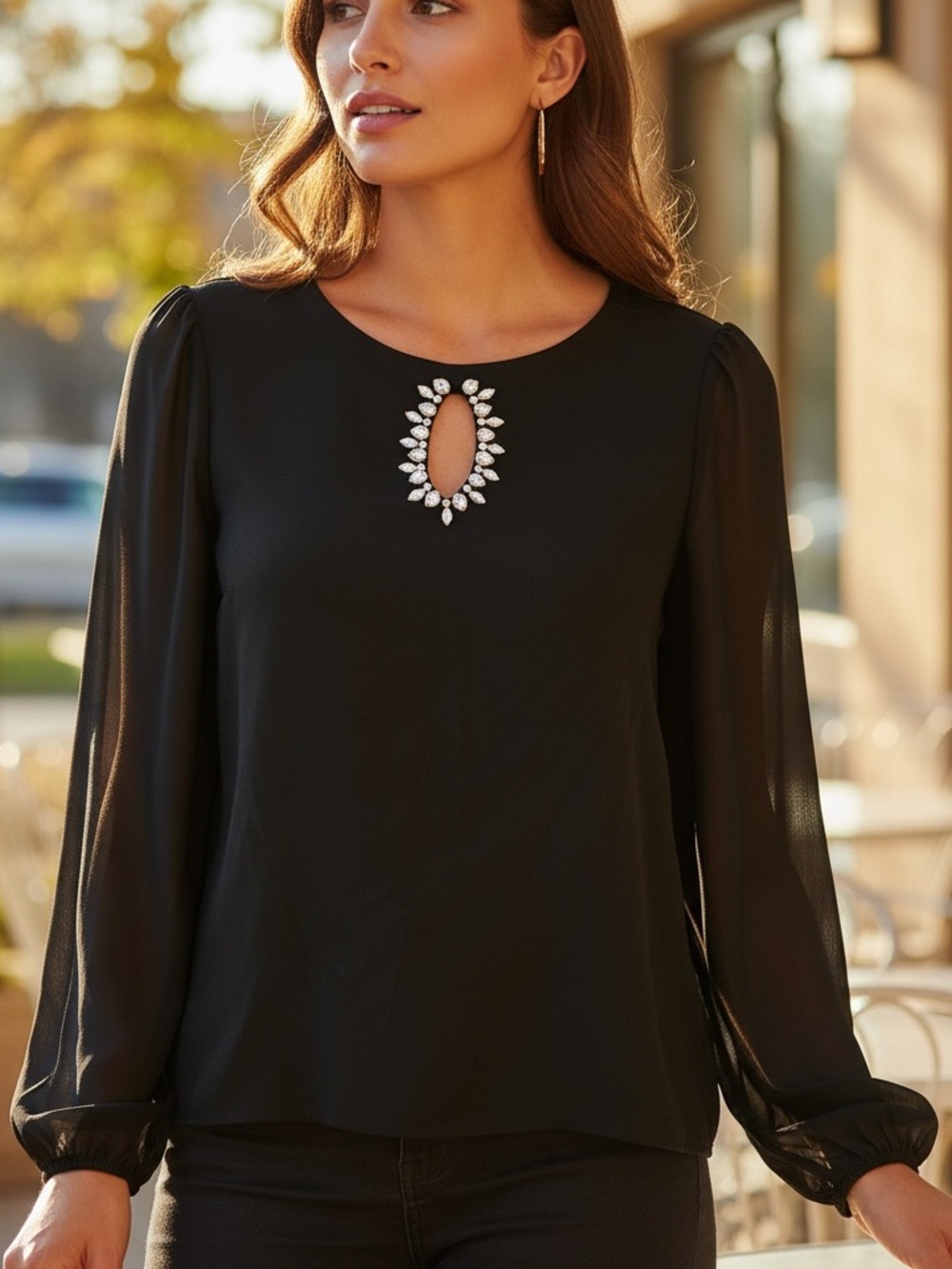INC International Concepts Black Keyhole Jewel-Embellished Long-Sleeve Blouse